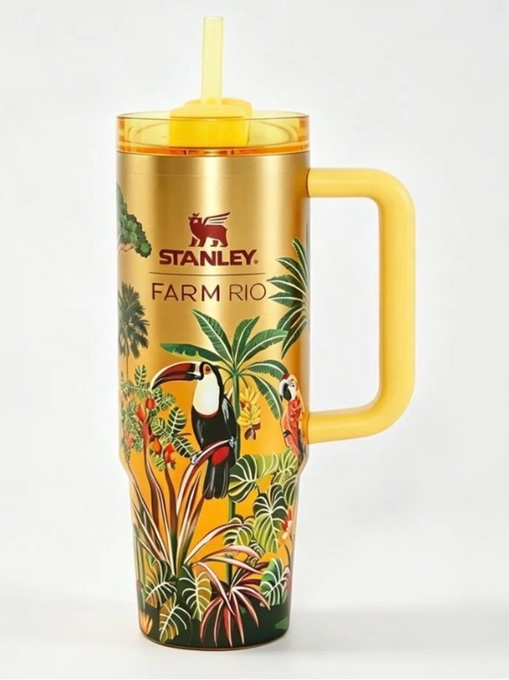 STANLEY x FARM RIO Yellow/Gold Tropical Toucan Travel Tumbler (40 oz), NIB